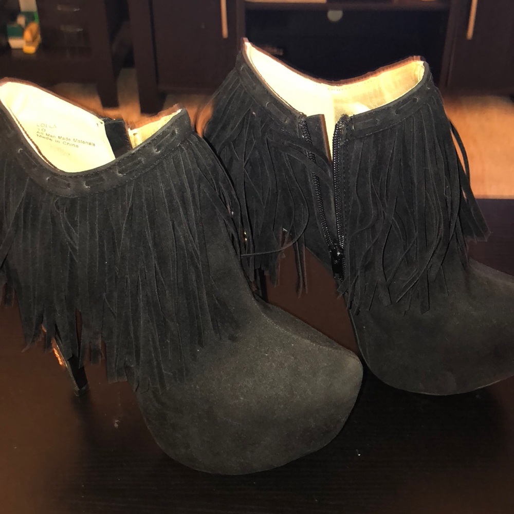 Fringe booties with gold detail